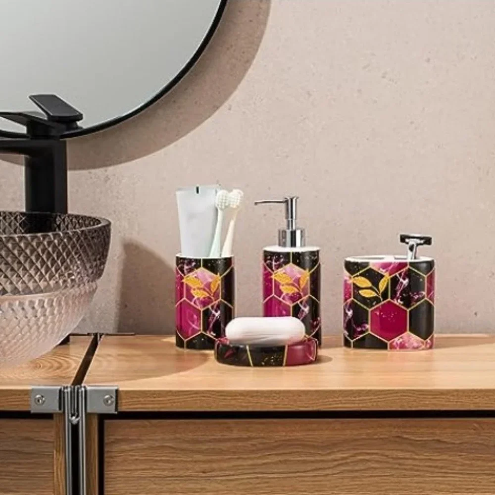 4 pc - Ceramic Bathroom Accessory Set - Purple/ Black/ Gold Honeycomb Design